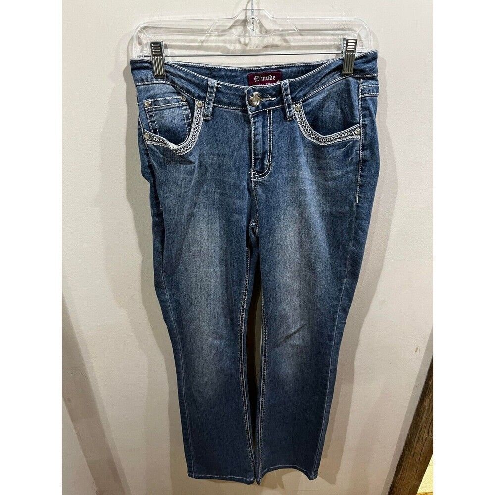 D'Mode Jeans Womens Size 9 Blue Mid Rise Straight Embellished Demin Grunge Punk